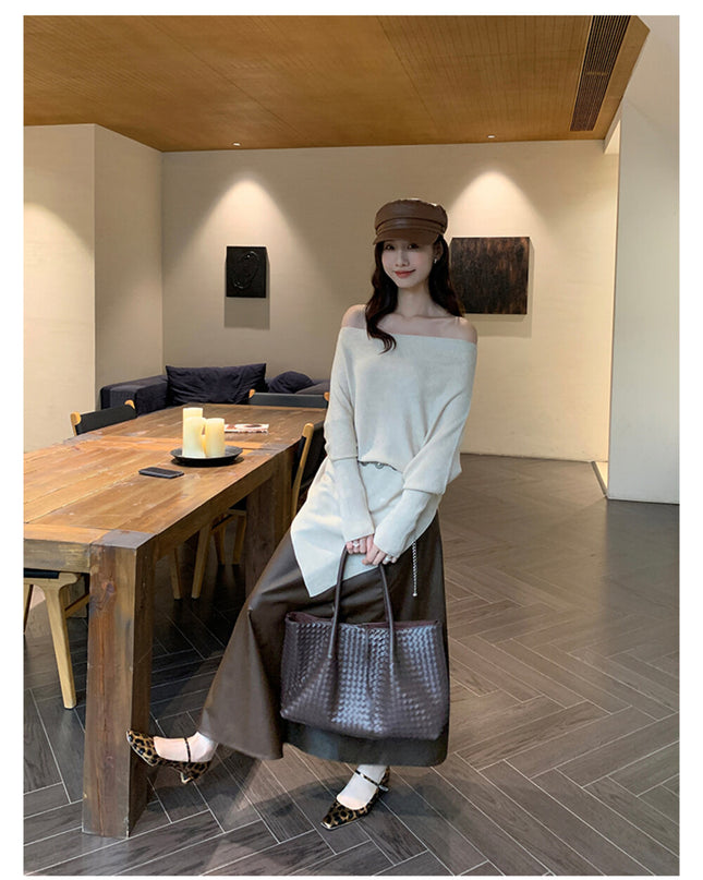 AIXILI Asymmetrical Off-Shoulder Knit Sweater with Waist Tie (wool)