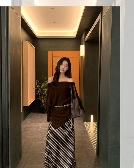 AIXILI Asymmetrical Off-Shoulder Knit Sweater with Waist Tie (wool)