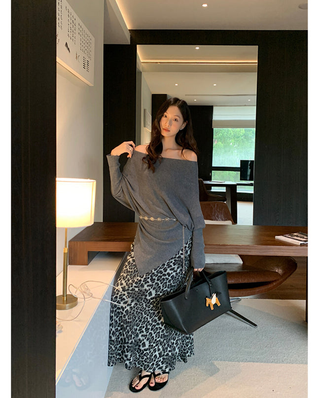 AIXILI Asymmetrical Off-Shoulder Knit Sweater with Waist Tie (wool)