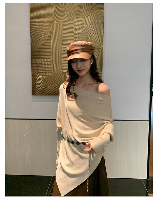 AIXILI Asymmetrical Off-Shoulder Knit Sweater with Waist Tie (wool)