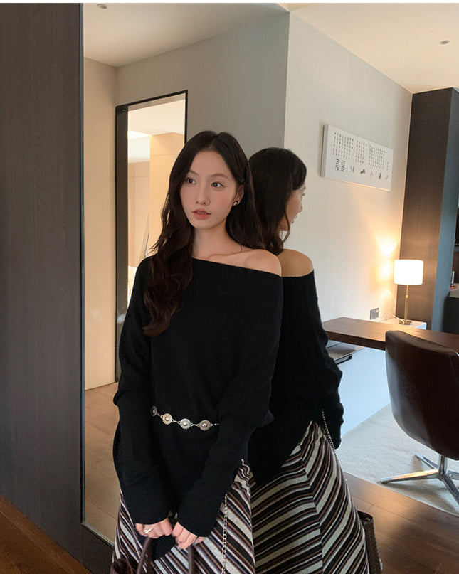 AIXILI Asymmetrical Off-Shoulder Knit Sweater with Waist Tie (wool)