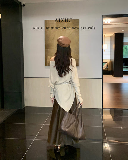 AIXILI Asymmetrical Off-Shoulder Knit Sweater with Waist Tie (wool)