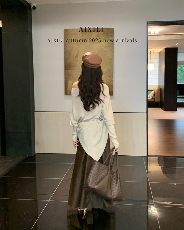 AIXILI Asymmetrical Off-Shoulder Knit Sweater with Waist Tie (wool)