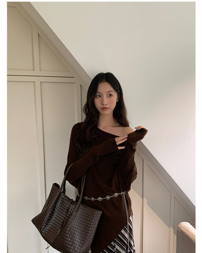 AIXILI Asymmetrical Off-Shoulder Knit Sweater with Waist Tie (wool)