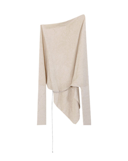 AIXILI Asymmetrical Off-Shoulder Knit Sweater with Waist Tie (wool)