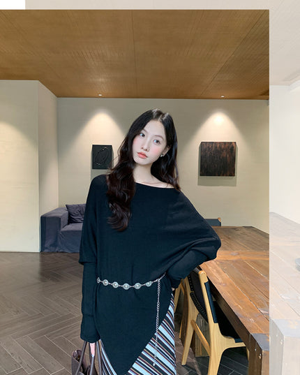 AIXILI Asymmetrical Off-Shoulder Knit Sweater with Waist Tie (wool)