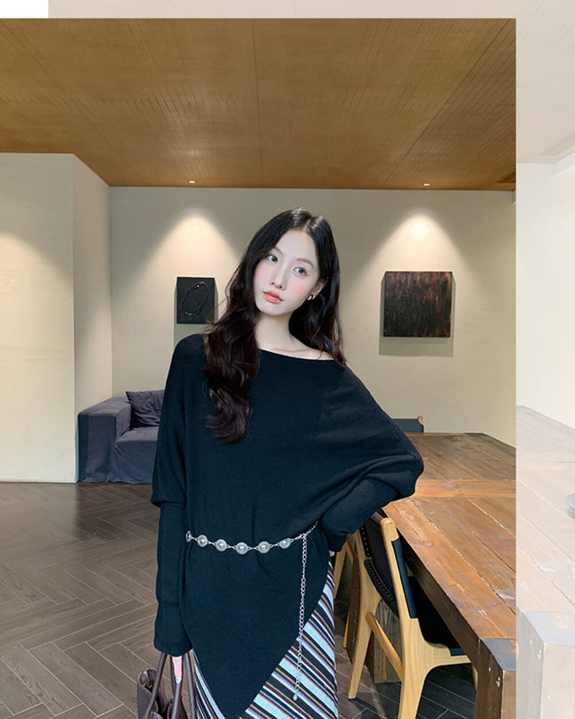 AIXILI Asymmetrical Off-Shoulder Knit Sweater with Waist Tie (wool)