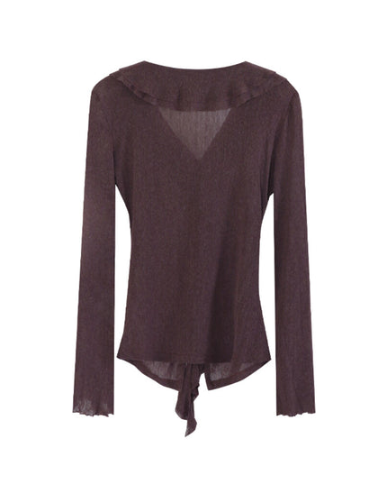 AIXILI V-Neck Asymmetrical Ruffle Sheer Knit Top