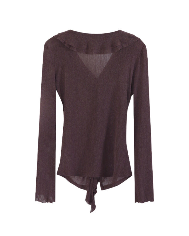 AIXILI V-Neck Asymmetrical Ruffle Sheer Knit Top