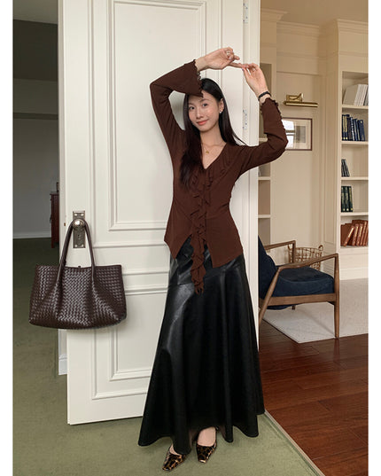 AIXILI V-Neck Asymmetrical Ruffle Sheer Knit Top