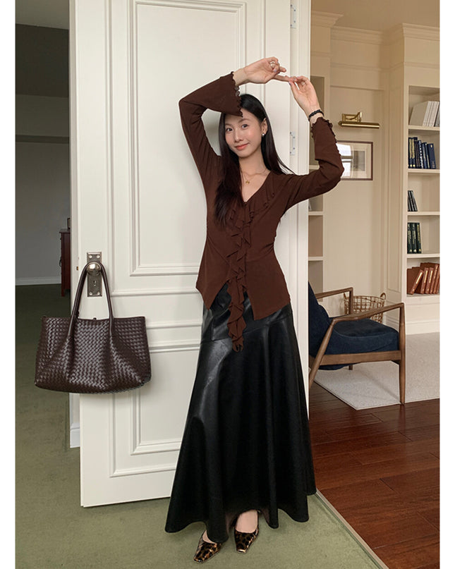 AIXILI V-Neck Asymmetrical Ruffle Sheer Knit Top
