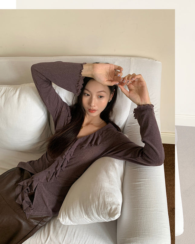 AIXILI V-Neck Asymmetrical Ruffle Sheer Knit Top