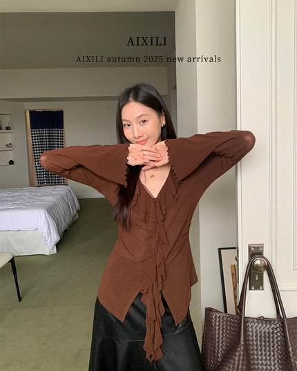 AIXILI V-Neck Asymmetrical Ruffle Sheer Knit Top