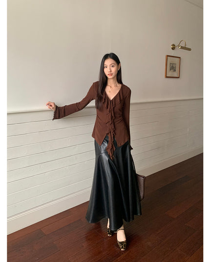 AIXILI V-Neck Asymmetrical Ruffle Sheer Knit Top