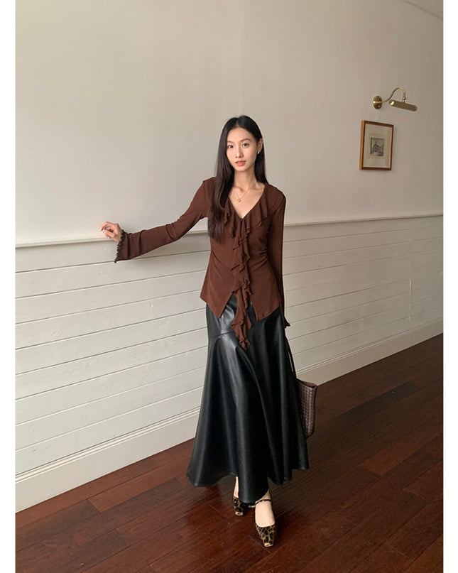 AIXILI V-Neck Asymmetrical Ruffle Sheer Knit Top