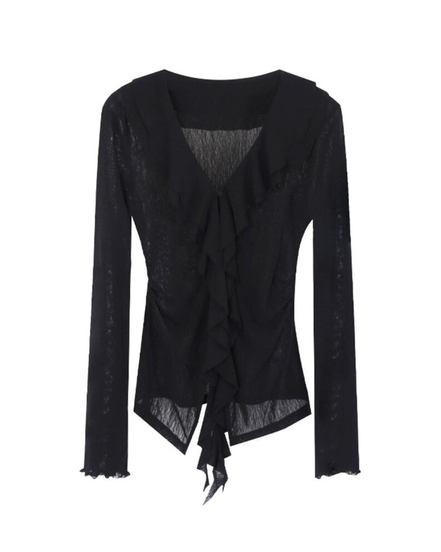 AIXILI V-Neck Asymmetrical Ruffle Sheer Knit Top