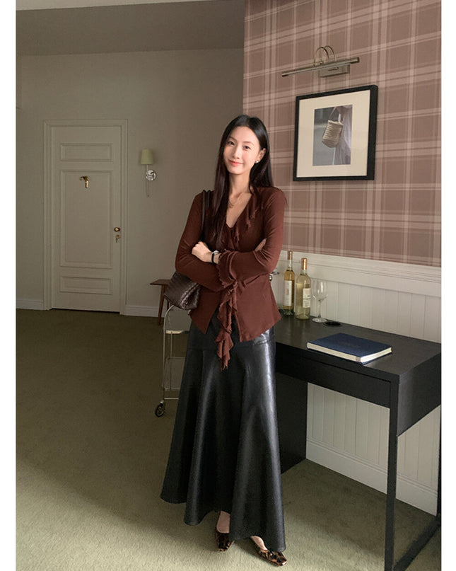 AIXILI V-Neck Asymmetrical Ruffle Sheer Knit Top