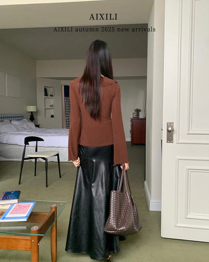 AIXILI V-Neck Asymmetrical Ruffle Sheer Knit Top