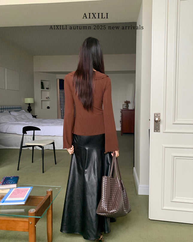 AIXILI V-Neck Asymmetrical Ruffle Sheer Knit Top