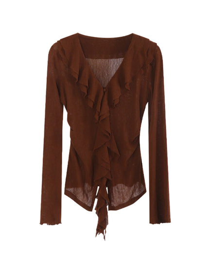 AIXILI V-Neck Asymmetrical Ruffle Sheer Knit Top