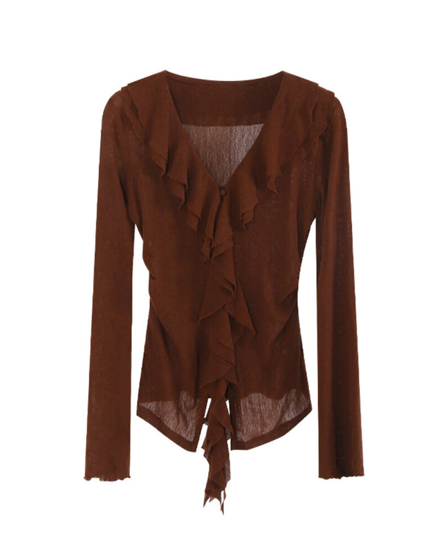 AIXILI V-Neck Asymmetrical Ruffle Sheer Knit Top