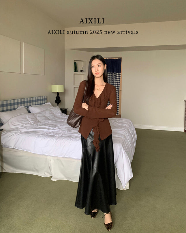 AIXILI V-Neck Asymmetrical Ruffle Sheer Knit Top