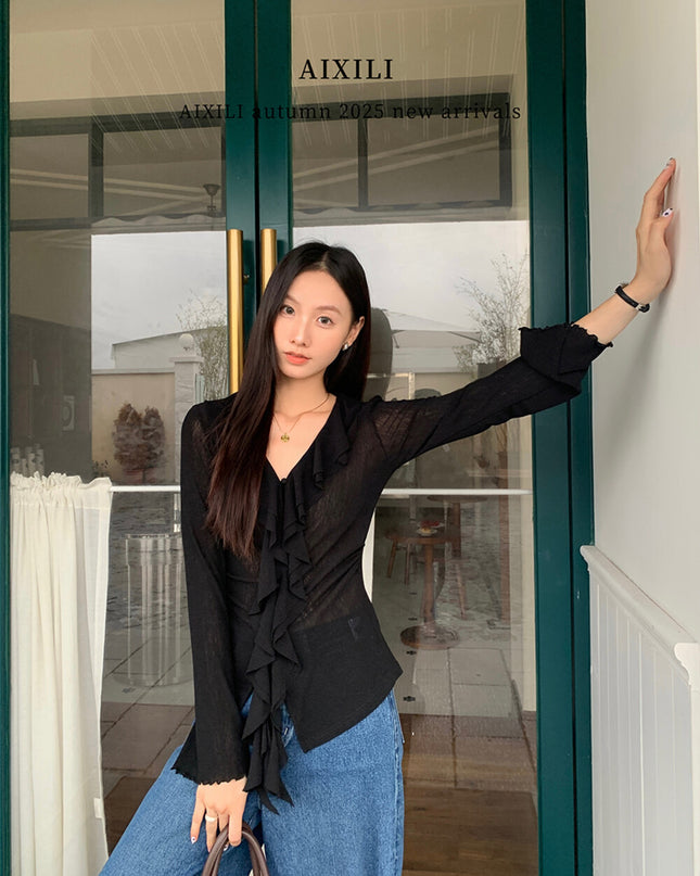 AIXILI V-Neck Asymmetrical Ruffle Sheer Knit Top