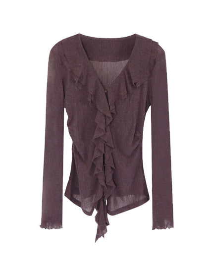 AIXILI V-Neck Asymmetrical Ruffle Sheer Knit Top