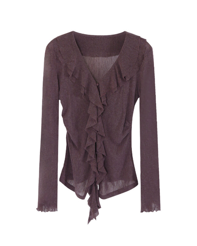 AIXILI V-Neck Asymmetrical Ruffle Sheer Knit Top