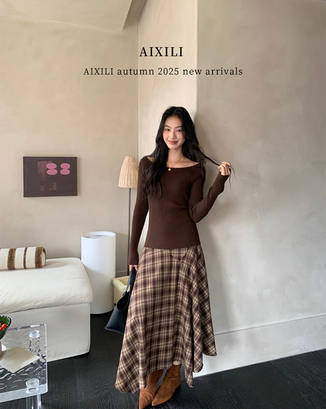 AIXILI Vintage Plaid Asymmetrical Patchwork A-Line Skirt