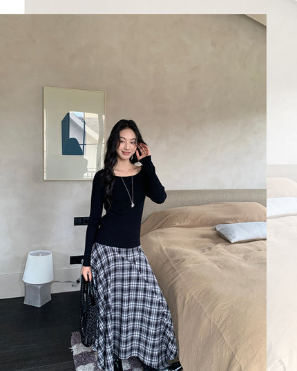 AIXILI Vintage Plaid Asymmetrical Patchwork A-Line Skirt