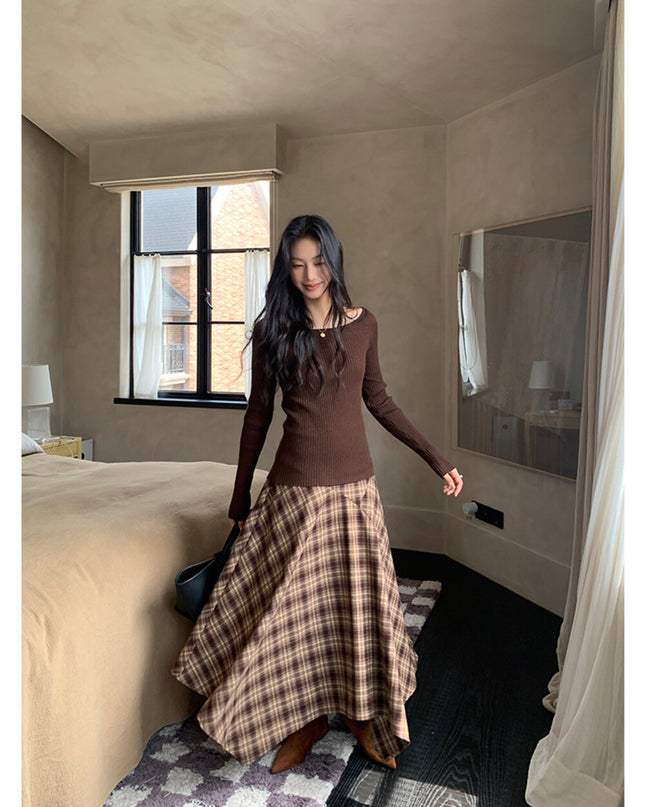 AIXILI Vintage Plaid Asymmetrical Patchwork A-Line Skirt