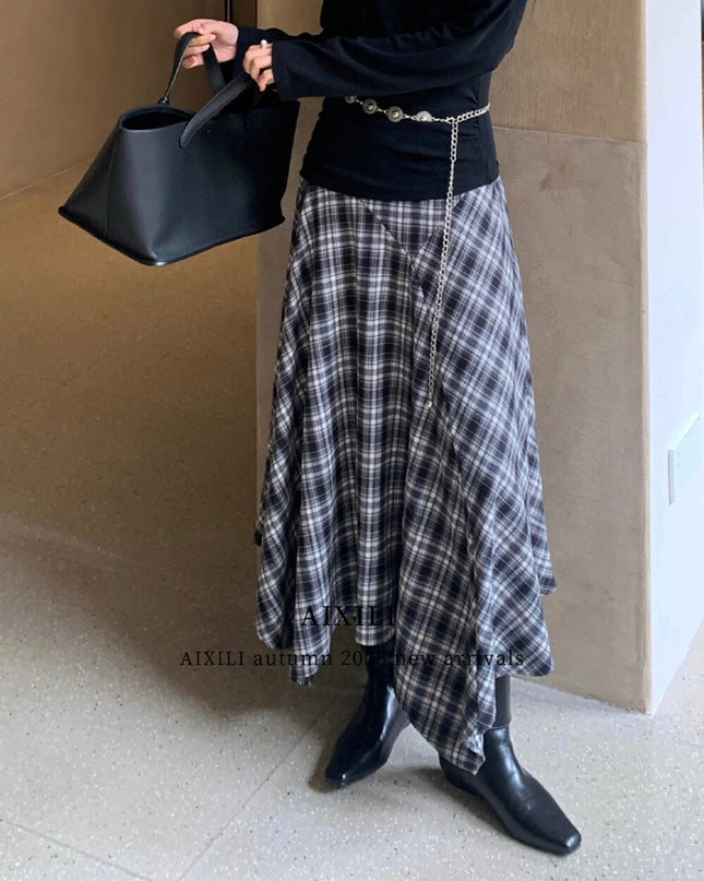 AIXILI Vintage Plaid Asymmetrical Patchwork A-Line Skirt
