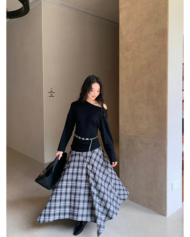 AIXILI Vintage Plaid Asymmetrical Patchwork A-Line Skirt