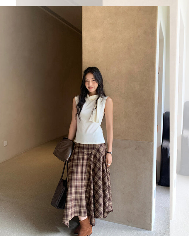 AIXILI Vintage Plaid Asymmetrical Patchwork A-Line Skirt