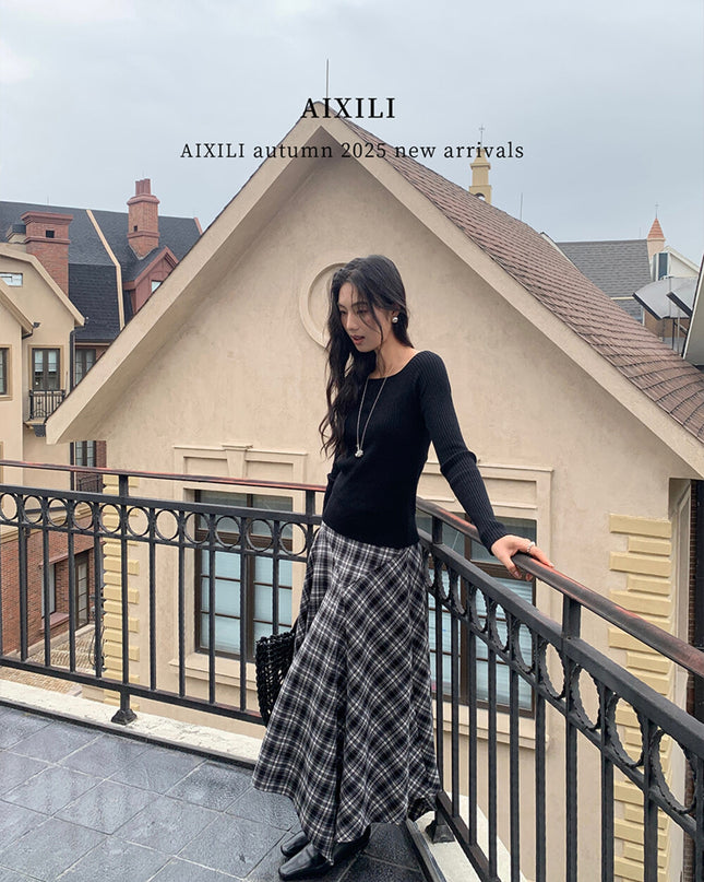 AIXILI Vintage Plaid Asymmetrical Patchwork A-Line Skirt
