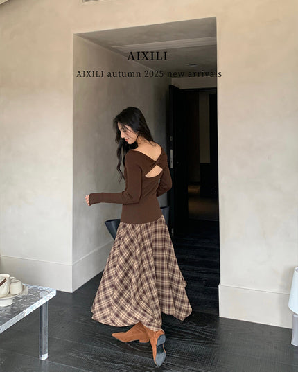 AIXILI Vintage Plaid Asymmetrical Patchwork A-Line Skirt