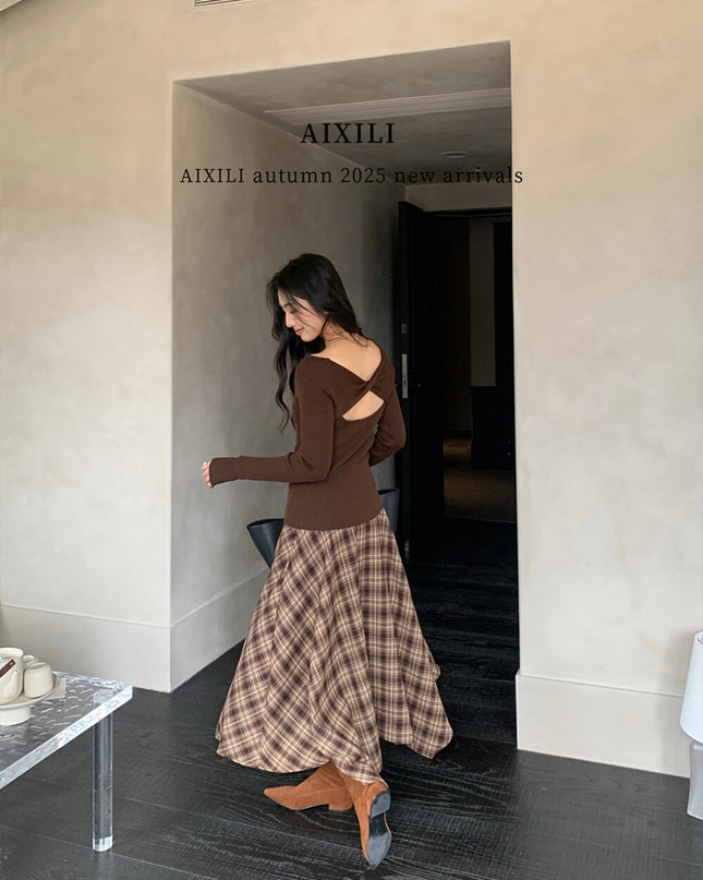 AIXILI Vintage Plaid Asymmetrical Patchwork A-Line Skirt