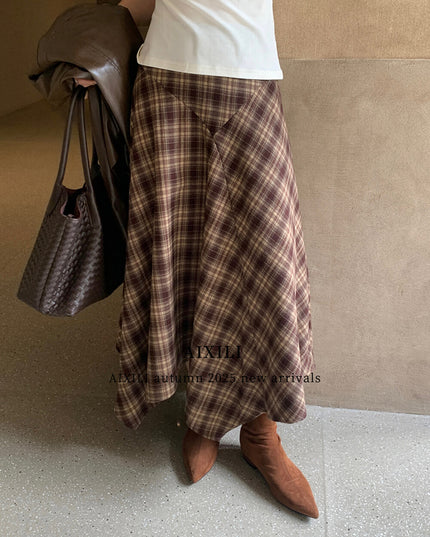 AIXILI Vintage Plaid Asymmetrical Patchwork A-Line Skirt