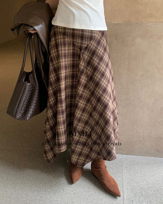 AIXILI Vintage Plaid Asymmetrical Patchwork A-Line Skirt