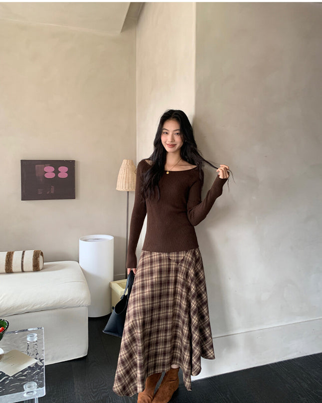 AIXILI Vintage Plaid Asymmetrical Patchwork A-Line Skirt