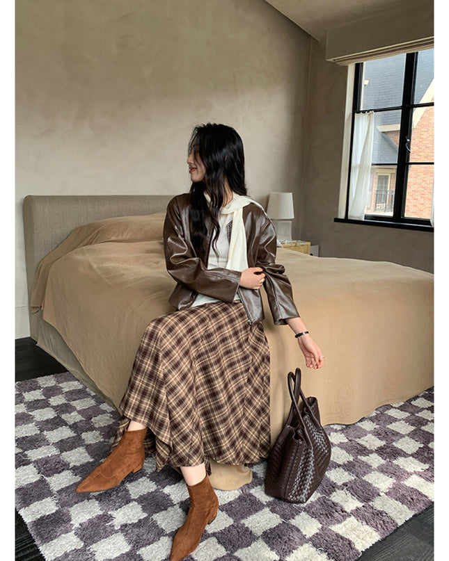 AIXILI Vintage Plaid Asymmetrical Patchwork A-Line Skirt