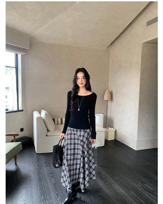 AIXILI Vintage Plaid Asymmetrical Patchwork A-Line Skirt