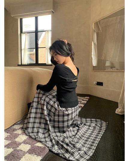 AIXILI Vintage Plaid Asymmetrical Patchwork A-Line Skirt