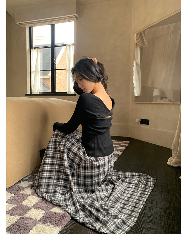 AIXILI Vintage Plaid Asymmetrical Patchwork A-Line Skirt