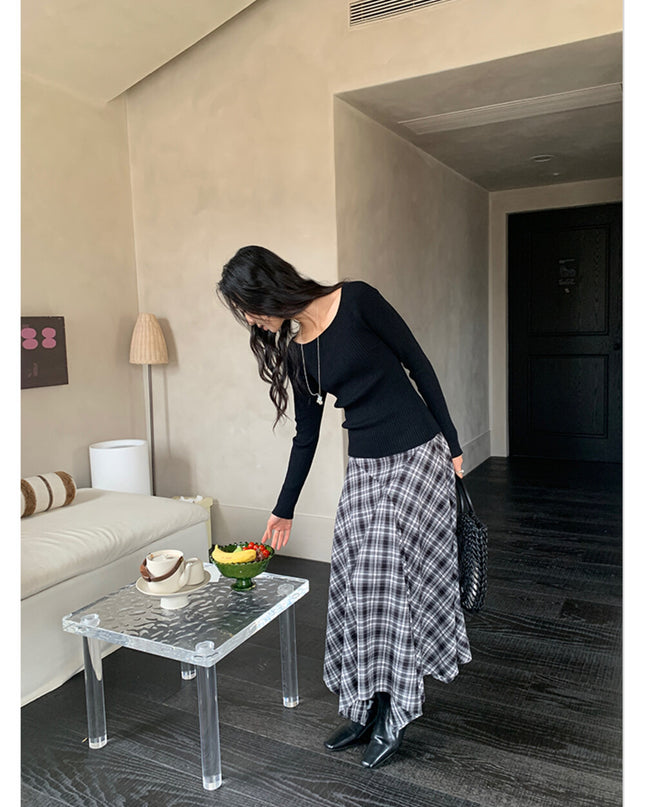 AIXILI Vintage Plaid Asymmetrical Patchwork A-Line Skirt