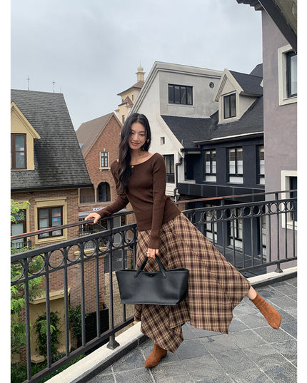 AIXILI Vintage Plaid Asymmetrical Patchwork A-Line Skirt