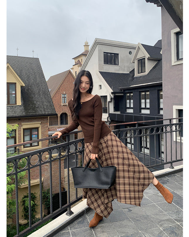 AIXILI Vintage Plaid Asymmetrical Patchwork A-Line Skirt