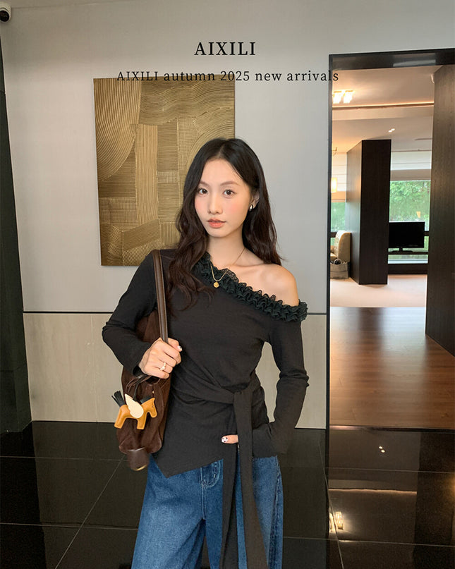 AIXILI Asymmetrical Lace Panel Waist-Tie Knit Top