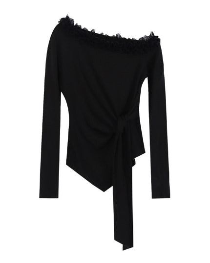 AIXILI Asymmetrical Lace Panel Waist-Tie Knit Top